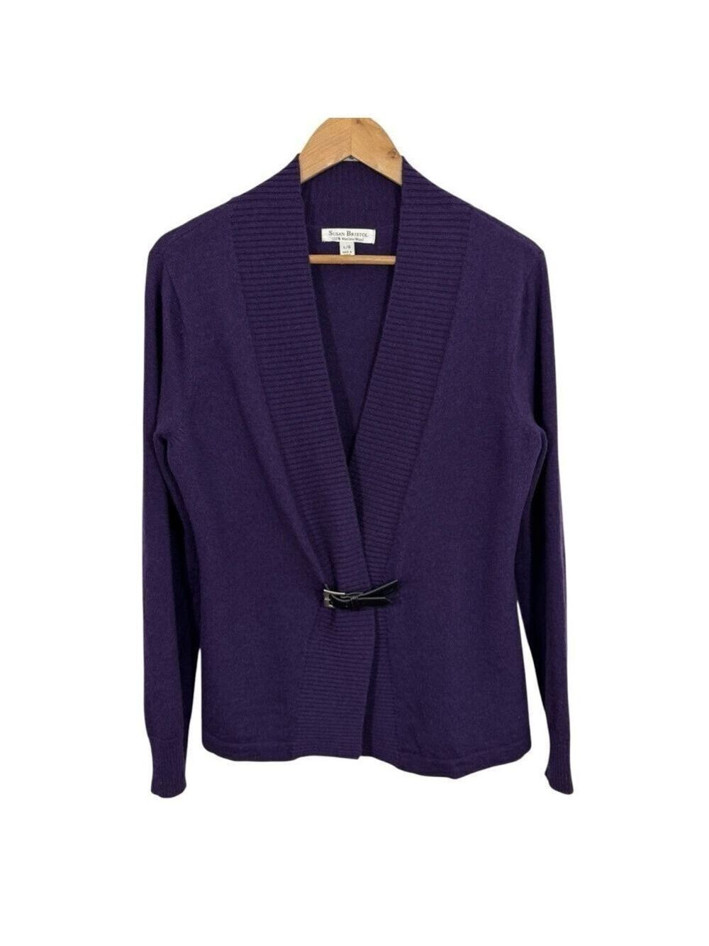 Susan Bristol 100% Merino Wool Wrap Sweater Womens L Eggplant Purple Belted GUC